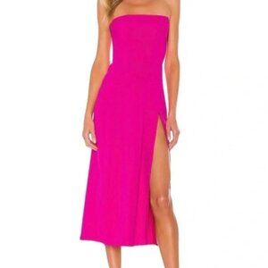 Amanda Uprichard | Mandy Strapless Side Slit Midi Dress in Hot Pink - Size S